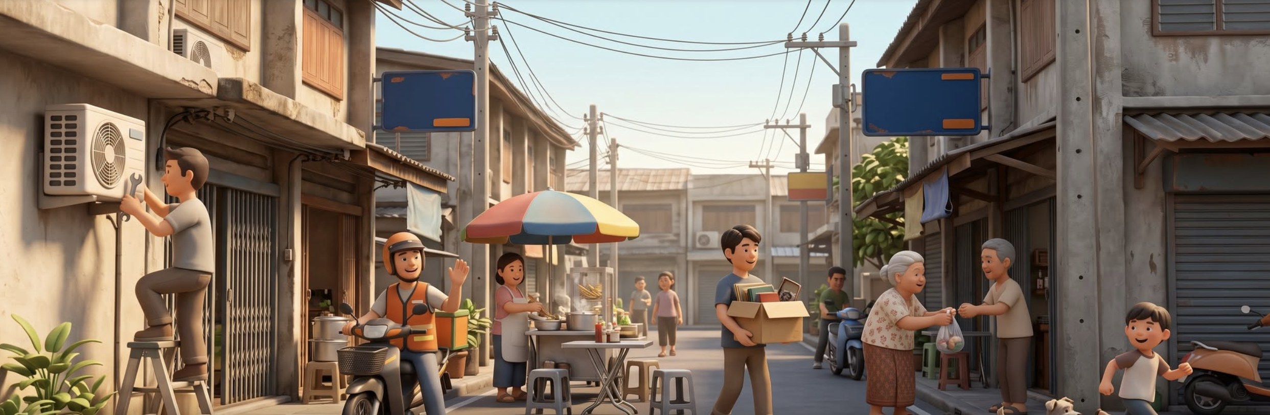 ภาพการ์ตูนชุมชน ร้านค้า ช่าง และเพื่อนบ้านในซอยช่วยเหลือกัน